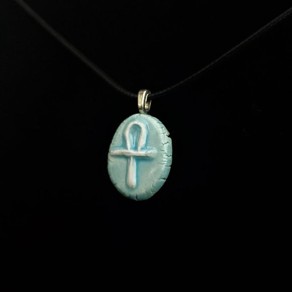 Handmade Ceramic Light Blue Ankh or Key of Life Pendant Necklace - Picture 2 of 14